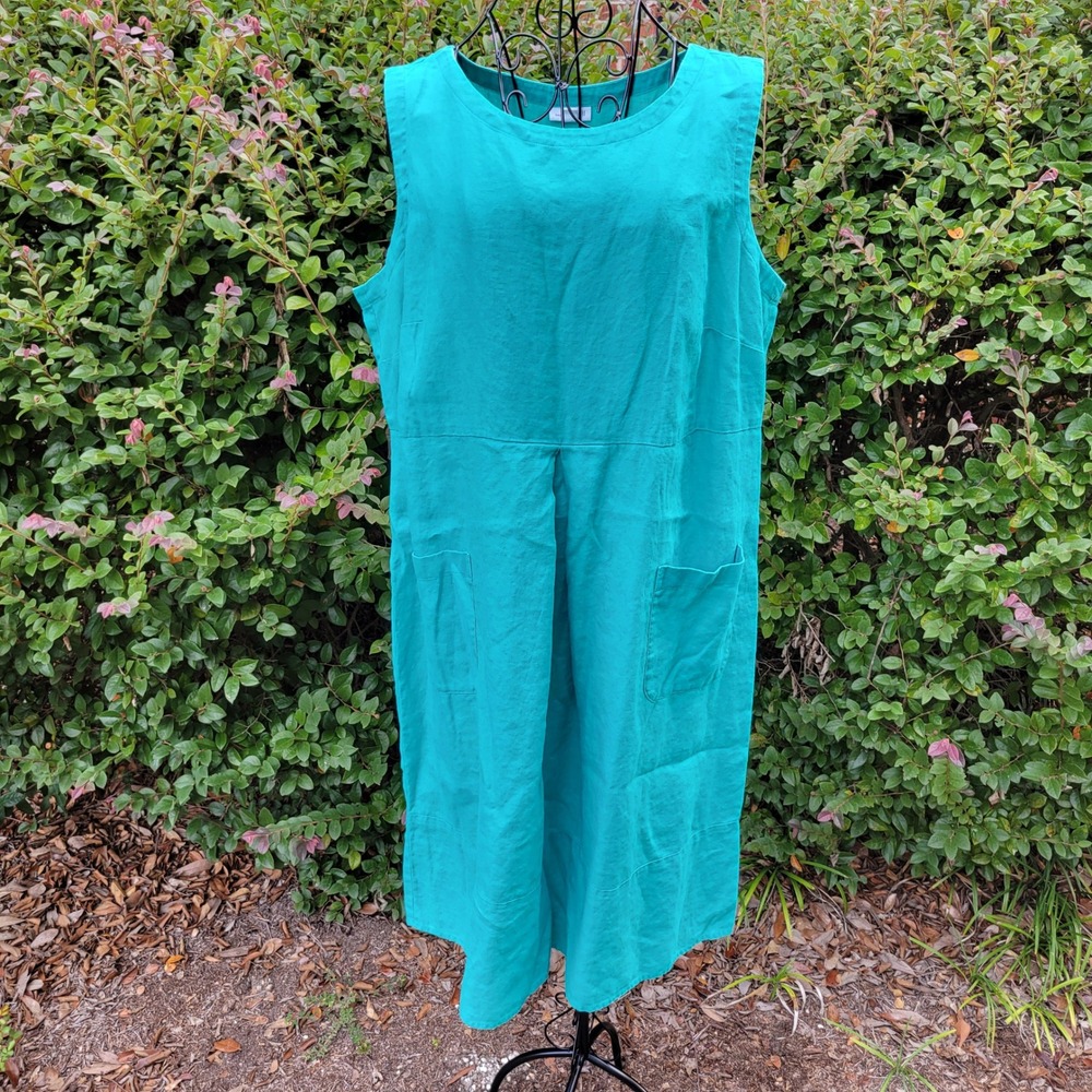 J Jill 1X Dress Teal Green Linen Sleeveless Pocket Midi Jumper Sleeveless Summer